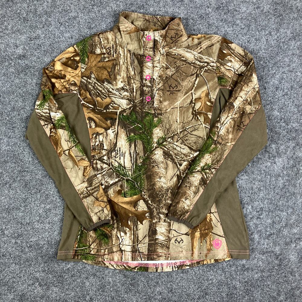 Game‎ Winner Shirt Womens M Camo Olive Long Sleeve Quarter Snap Hunting